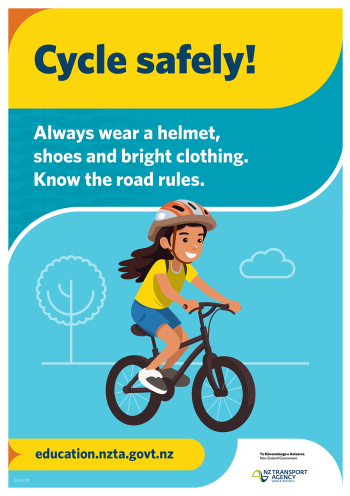 Poster image of child riding bicycle with safety message.